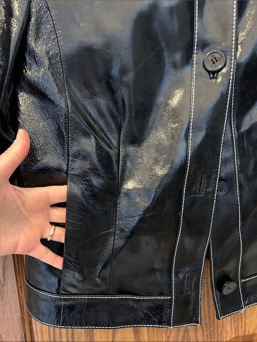 Jones New York Black Leather Round-Neck Button Jacket image 3